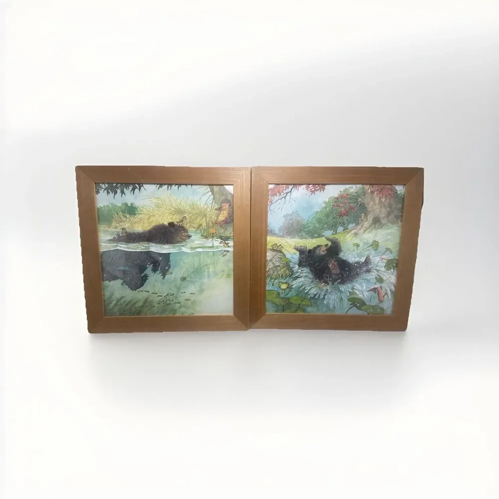 Set of 2 Ikea Bear Swimming 1999 print Kids Baby Nursery art wall decor Framed